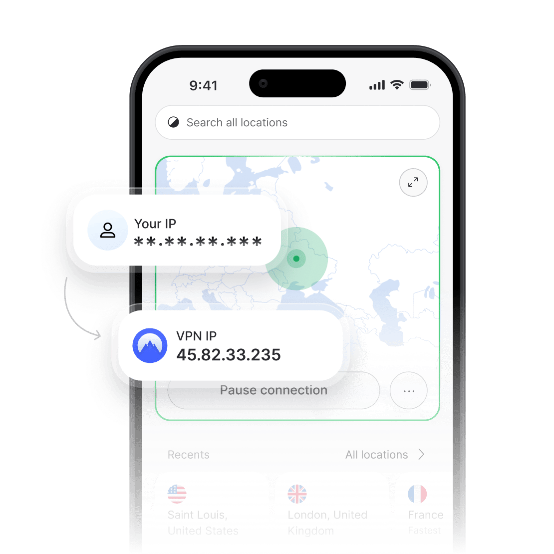 Програма NordVPN із прихованою реальною IP-адресою й новою IP-адресою VPN.
