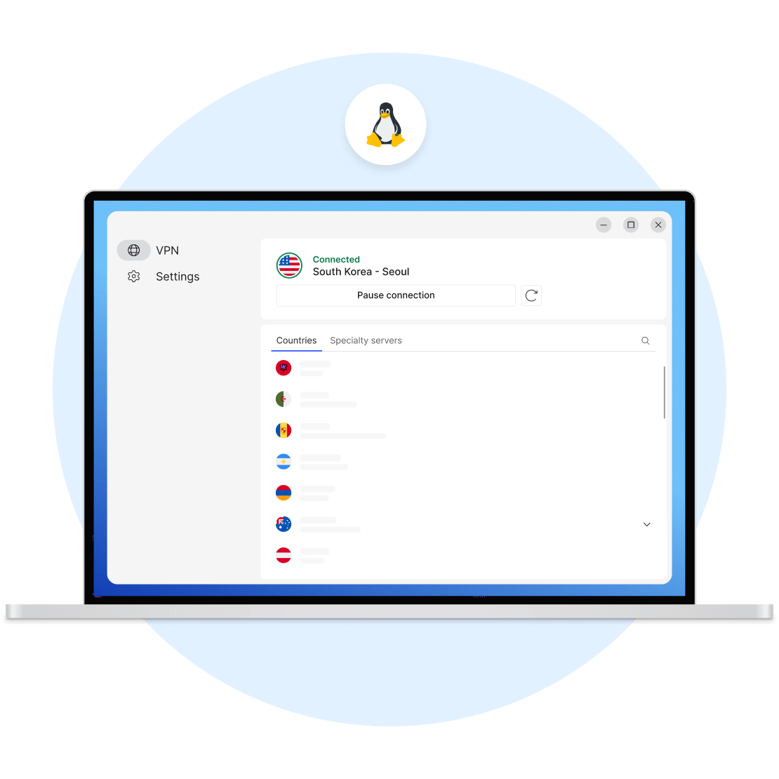 Linux용 무료 VPN의 대안으로 NordVPN의 국가 서버가 표시된 노트북 화면입니다.