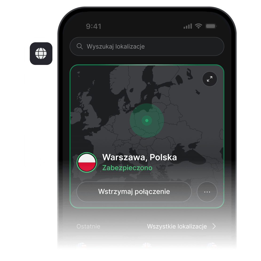 Ekran smartfona z otwartą aplikacją NordVPN, połączoną z serwerem VPN w USA.