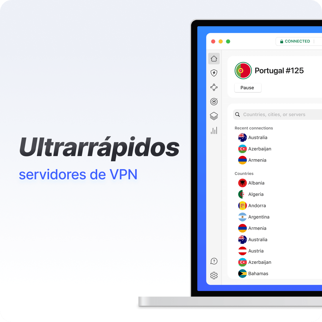 Interface da aplicação NordVPN num computador portátil, demonstrando uma ligação de VPN extremamente rápida.