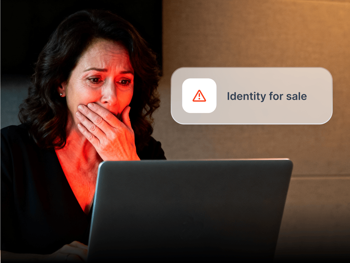 A worried customer receiving a Coveron dark web monitoring alert showing their identity is for sale.