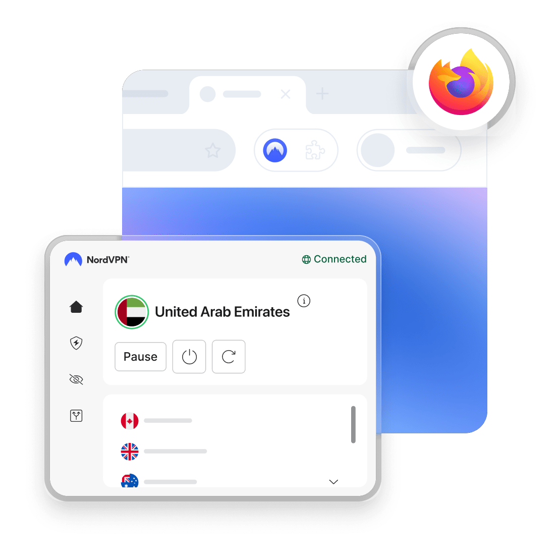قائمة بخوادم VPN في البلدان على إضافة NordVPN لمتصفح Firefox المتصلة بالإمارات العربية المتحدة.
