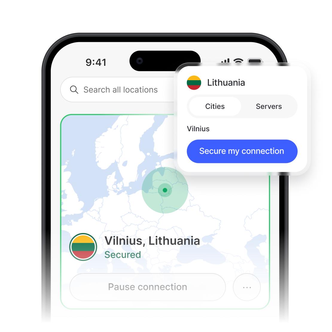 „NordVPN“ programėlėje rodomas saugus ryšys ir Lietuvos serverių sąrašas.