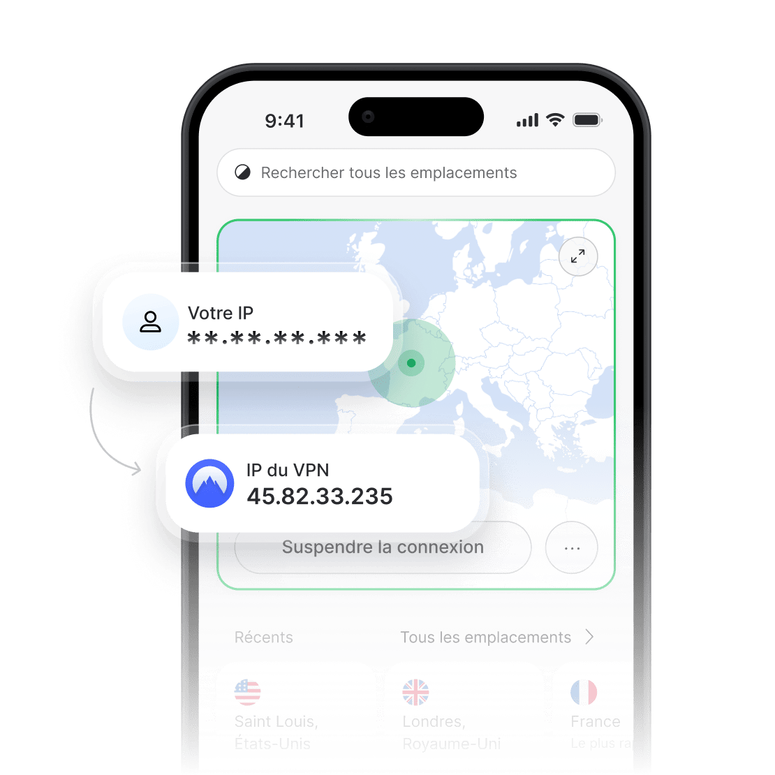 L’application NordVPN affiche l’adresse IP réelle masquée et la nouvelle adresse IP du VPN.