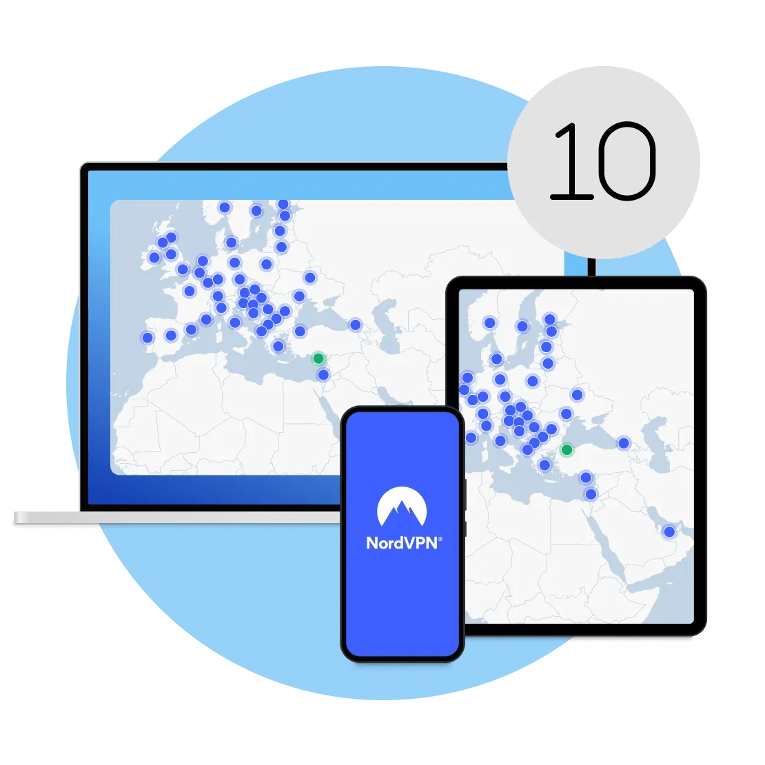 Tek bir NordVPN hesabı, VPN tarayıcınızın uzantısı da dâhil olmak üzere aynı anda en fazla 10 bağlantıyı destekler