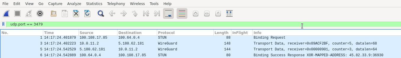 Wireshark capture showing WG-STUN binding requests alongside WireGuard packets.