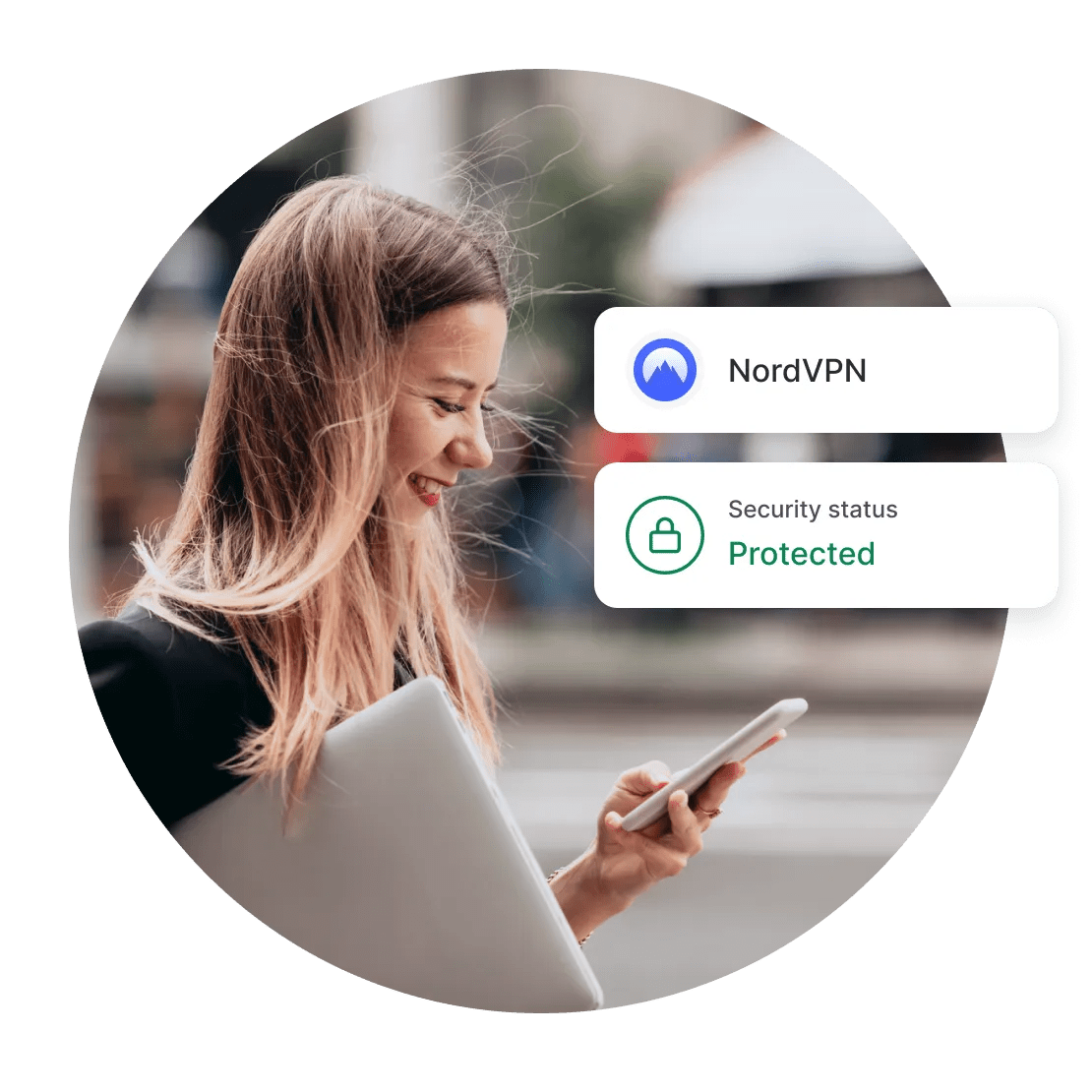A woman using the NordVPN VPN client on her phone to secure her connection.
