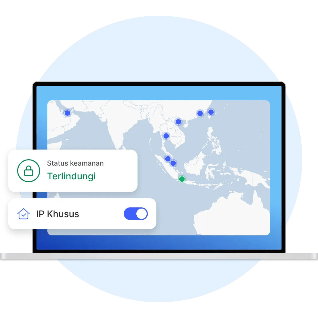 Laptop dengan aplikasi NordVPN, terhubung ke server IP khusus di Indonesia.