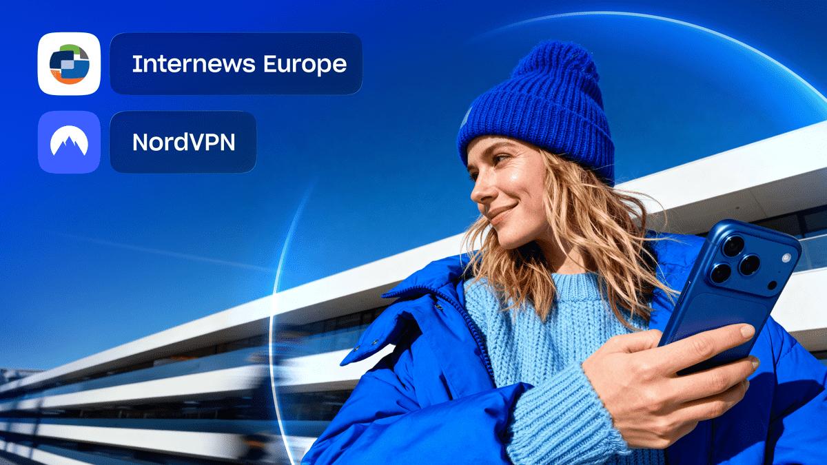 Internews and NordVPN partnership banner, with a person in a blue coat holding a phone.