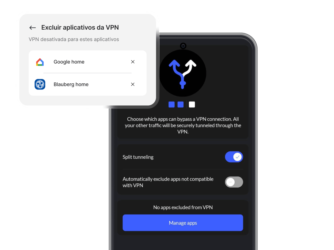 Um smartphone com o aplicativo da NordVPN instalado, com a opção de tunelamento dividido ativada.