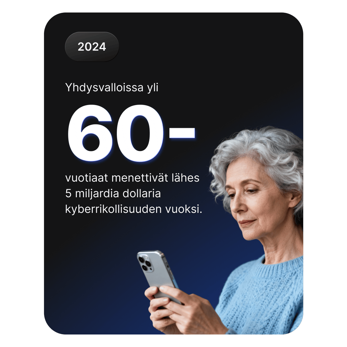 Iäkkäämpi aikuinen käyttää älypuhelinta. Yli 60-vuotiaat amerikkalaiset ovat menettäneet lähes viisi miljardia dollaria kyberrikollisuuden vuoksi.