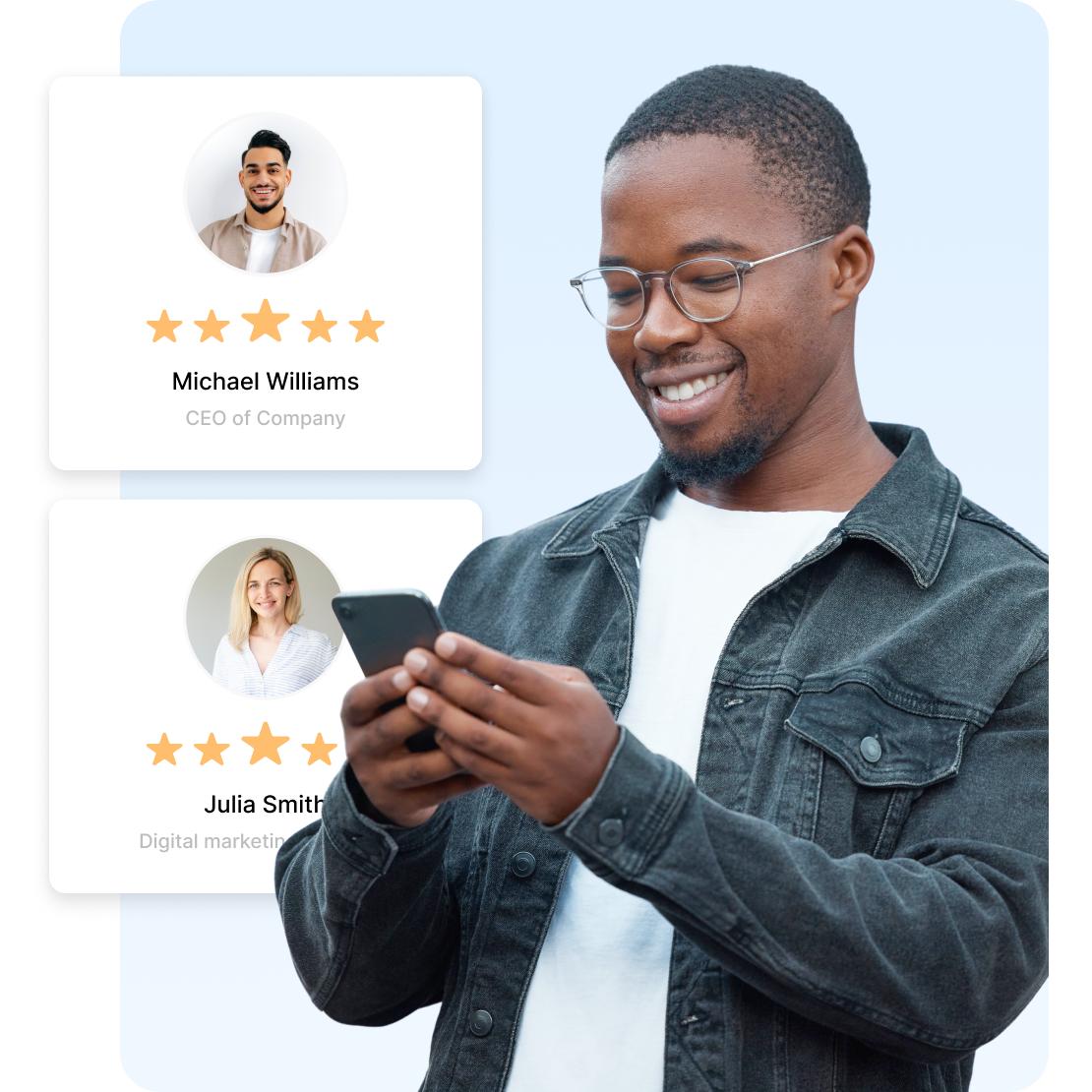 A person shares feedback about NordVPN while user ratings appear beside them.