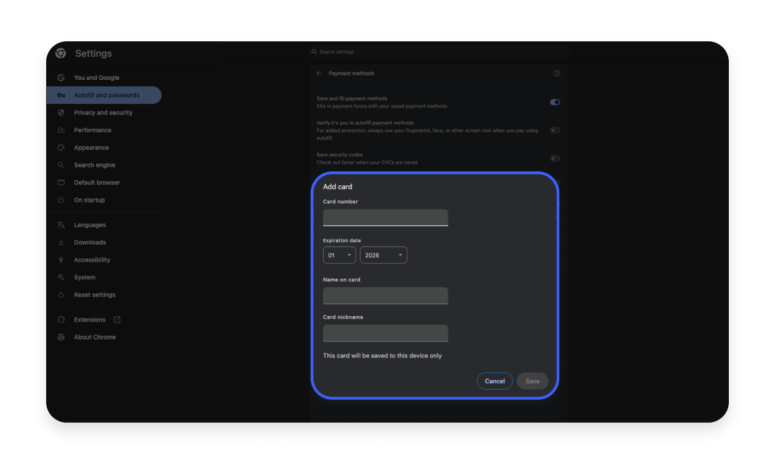 Managing saved cards Step 5