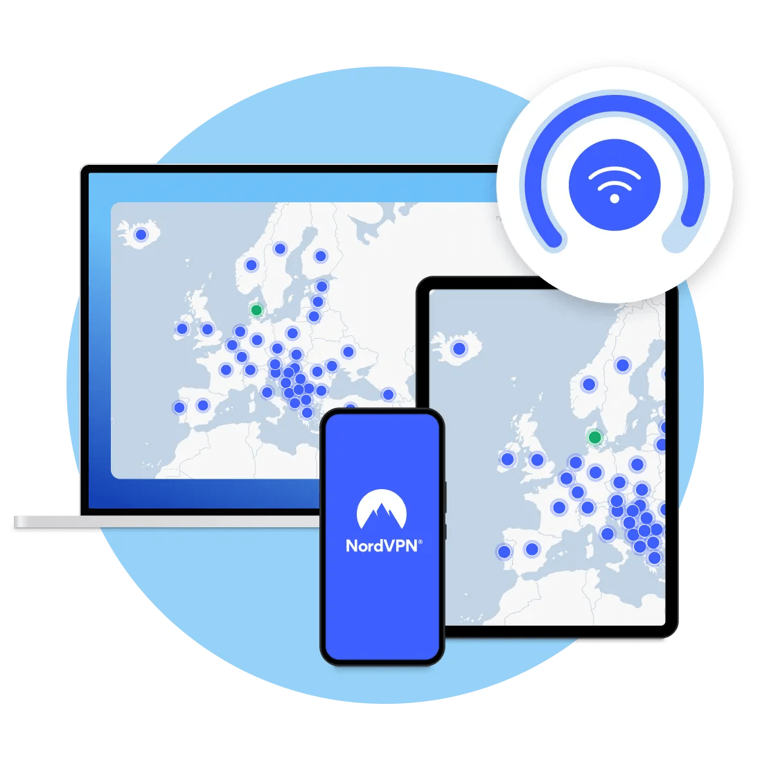 En NordVPN-app, der viser en VPN-forbindelse på forskellige enheder.