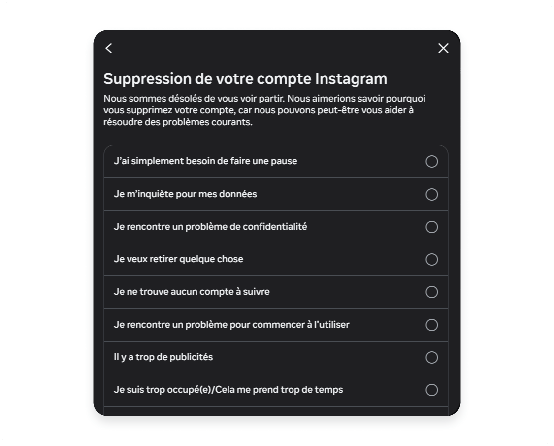 Suppression d&#39;un compte Instagram via un ordinateur : confirmer la suppression