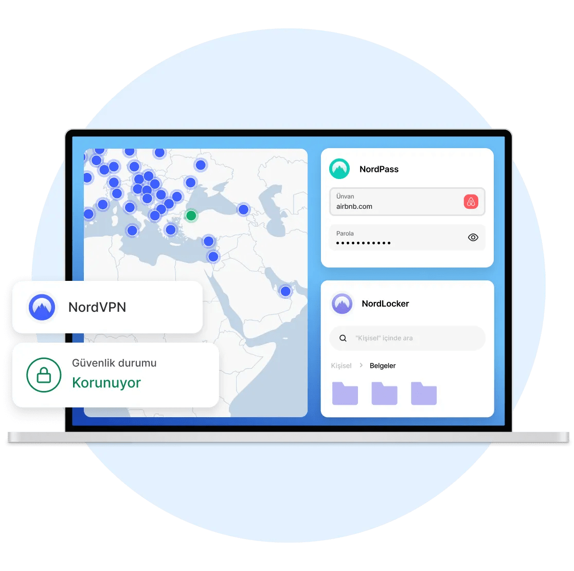 NordVPN, NordPass ve NordLocker yüklü ve kullanıcısını koruyan bir dizüstü bilgisayarın ekranı.