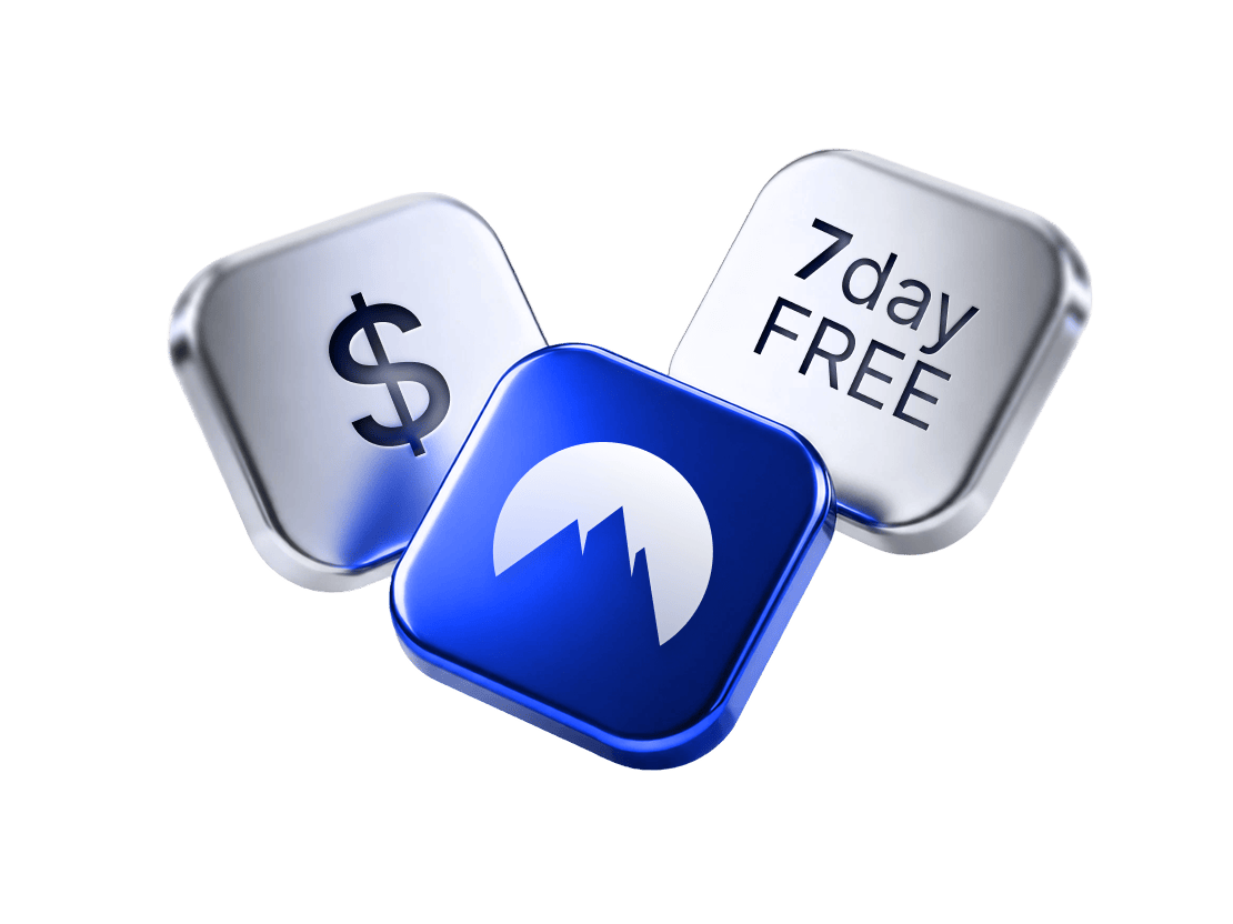 Three tiles showcasing NordVPN’s logo, a 7-day free trial, and a dollar sign.