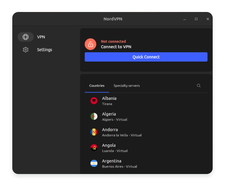 NordVPN Linux GUI with the server selection panel