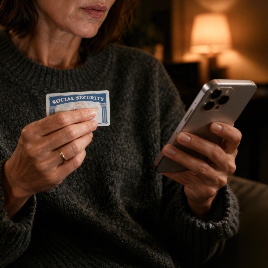 A woman looking at her smartphone while holding a Social Security card.