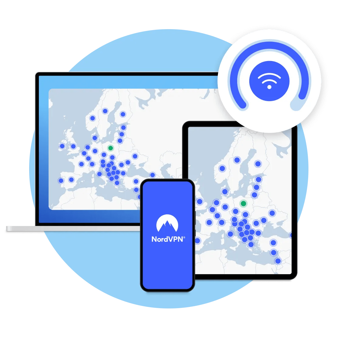 Aplikacja NordVPN pokazująca połączenie VPN na różnych urządzeniach.