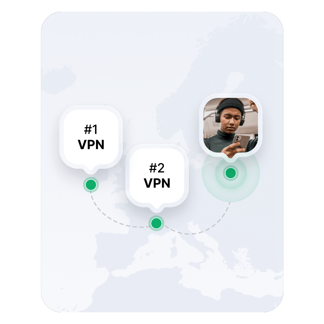 Mapa Europy pokazująca dwie lokalizacje serwerów VPN.