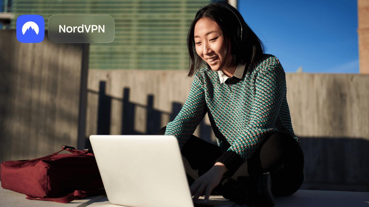 A laptop showing a globe with a blue checkmark shield, illustrating the NordVPN Linux app.