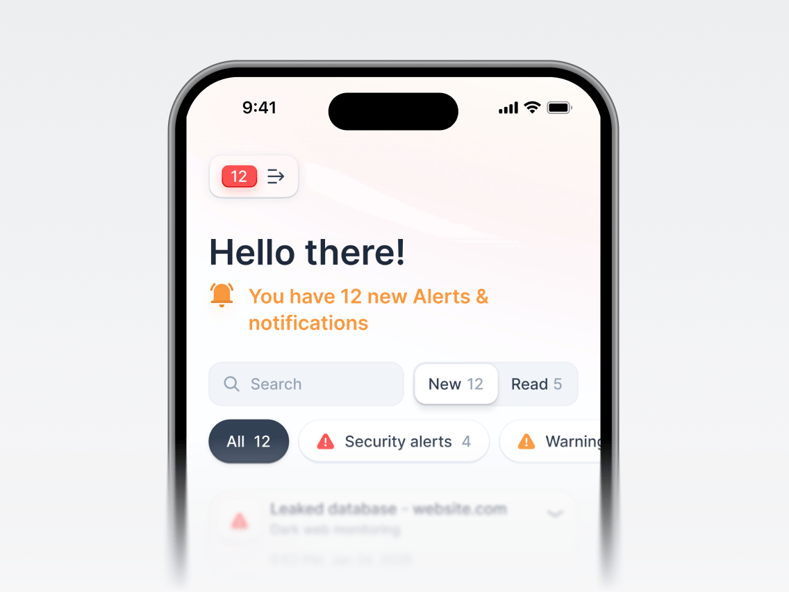 Coveron app displaying new security alerts and notifications about potential identity theft threats.