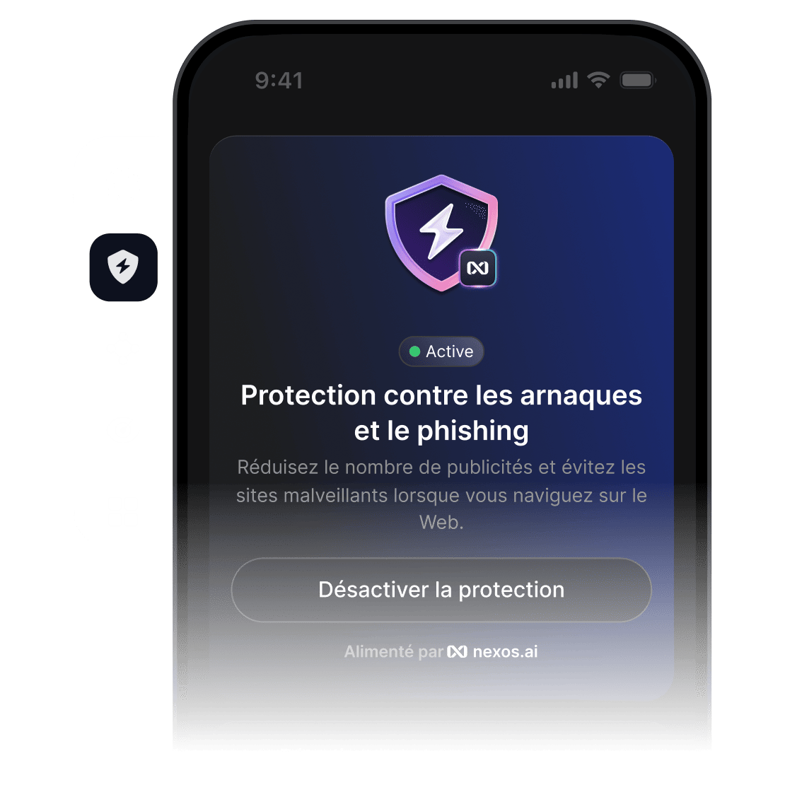 L’écran d’un smartphone sur lequel l’application NordVPN est ouverte et la fonctionnalité de protection contre les arnaques et le phishing est activée.