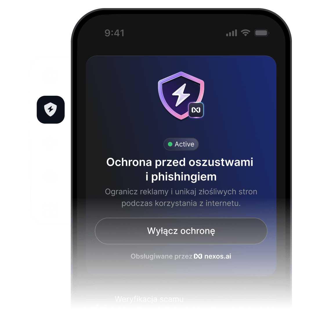 Ekran smartfona z otwartą aplikacją NordVPN i aktywną funkcją ochrony przed oszustwami i phishingiem.