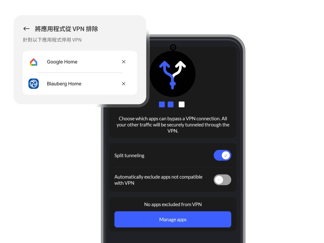 智慧型手機上有 NordVPN 應用程式，並開啟分割通道切換。