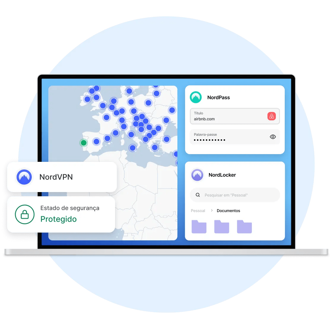 Um ecrã de portátil a mostrar a NordVPN, o NordPass e o NordLocker instalados e a proteger o utilizador.