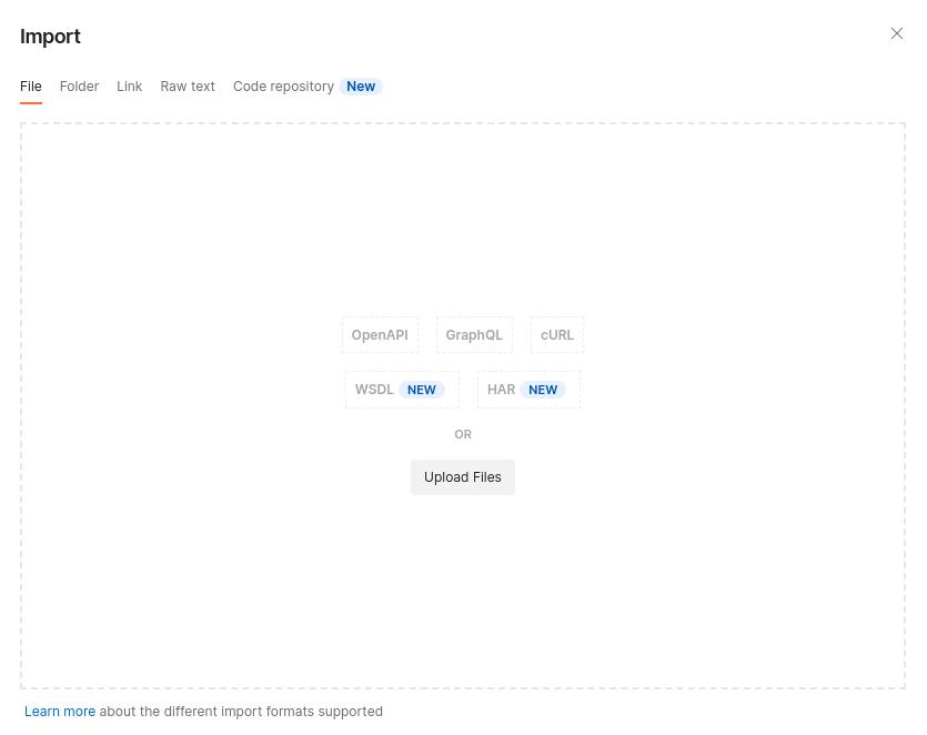 Postman import dialog offering OpenAPI, GraphQL, cURL, WSDL, and HAR.