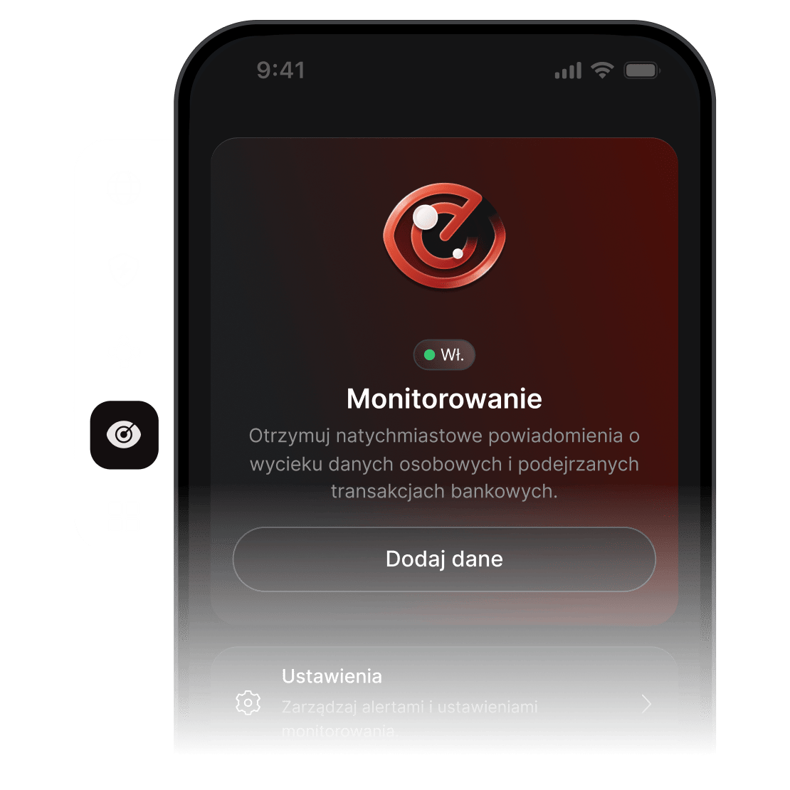 Ekran smartfona pokazujący, że funkcja monitorowania NordVPN jest aktywna i skonfigurowana do wysyłania alertów.