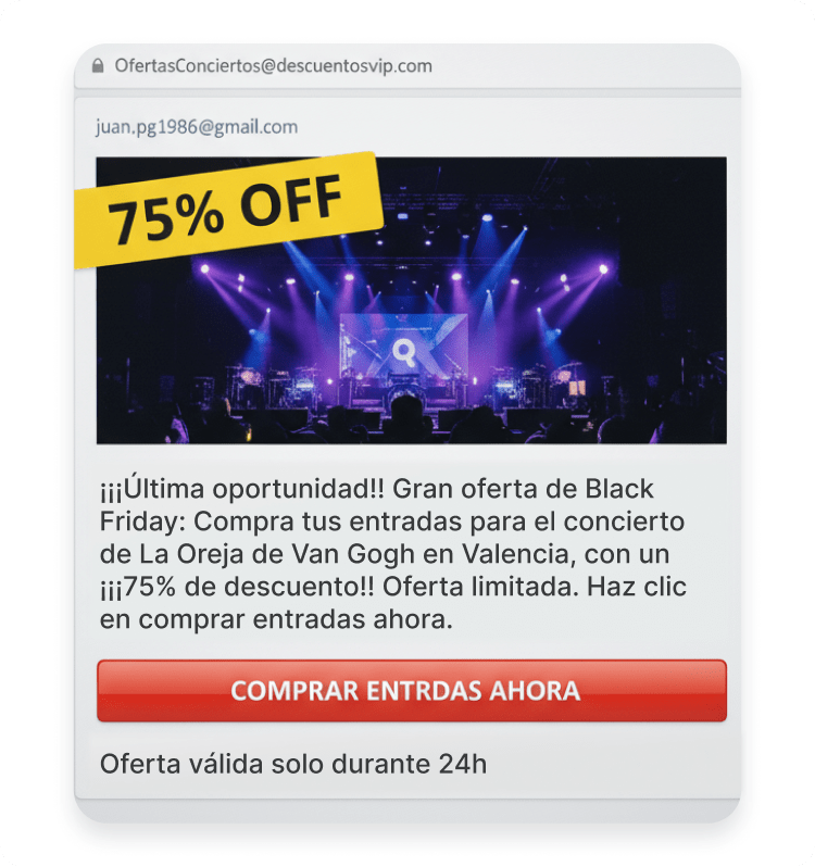 Ejemplo de anuncio falso de Black Friday para un concierto.