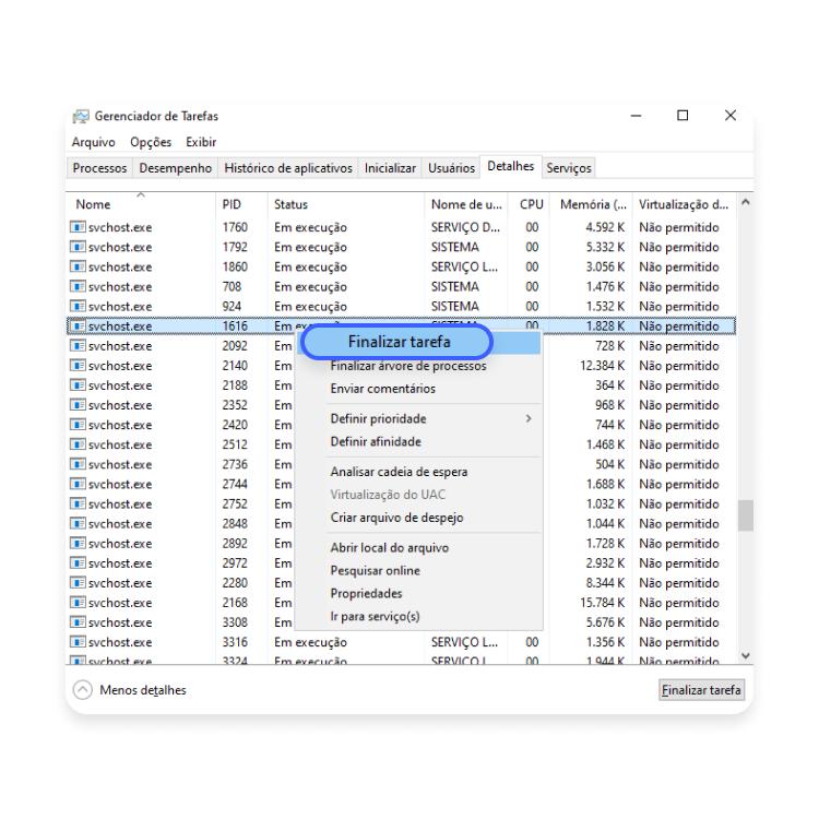 encerrar o svchost.exe: passo nº6