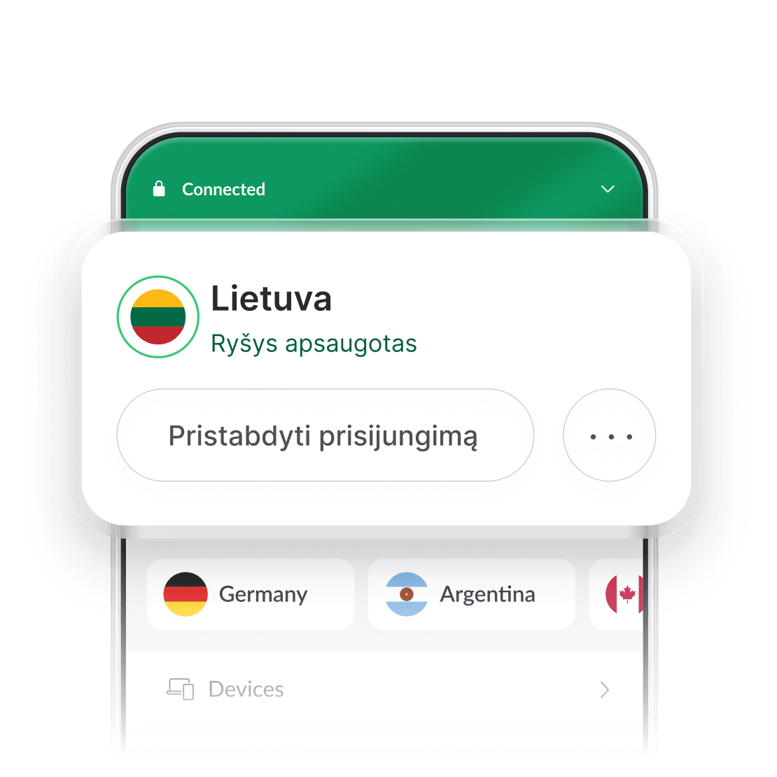 „NordVPN“ programėlės sąsajos su pasirinktu Lietuvos serveriu ekrano kopija.