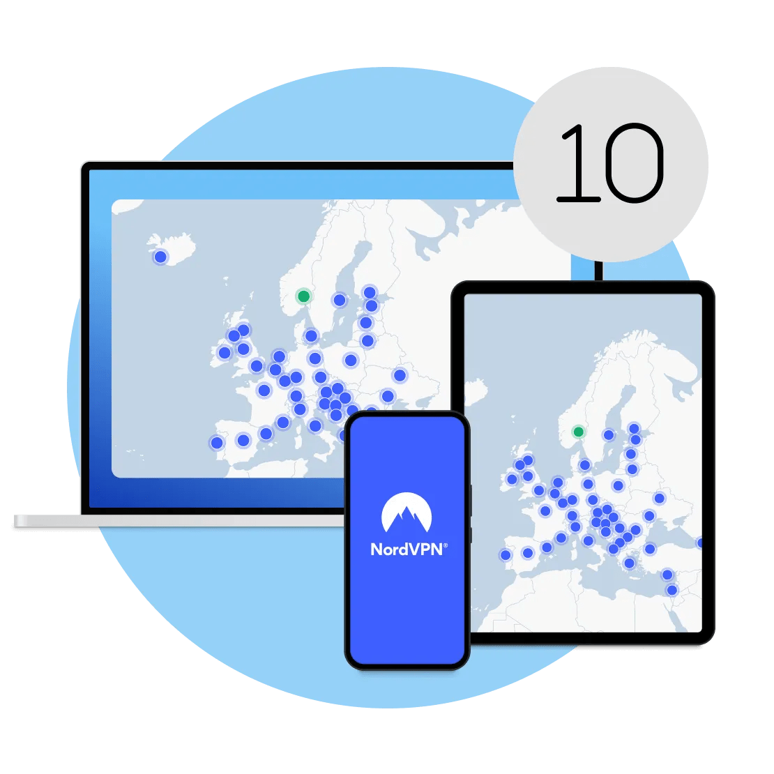 Ti enheter er koblet til én NordVPN-konto
