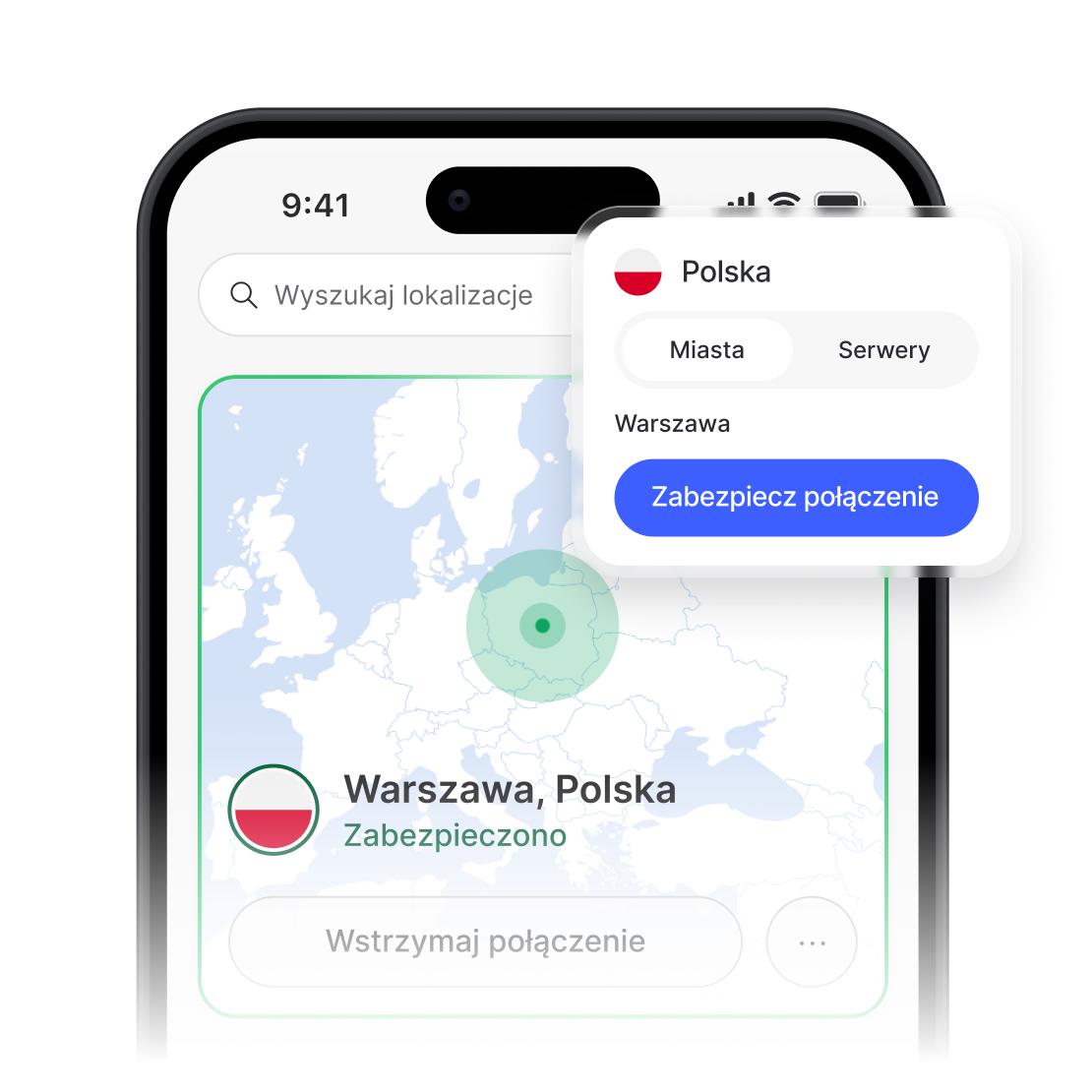 Aplikacja NordVPN pokazująca bezpieczne połączenie i listę serwerów w Polsce.
