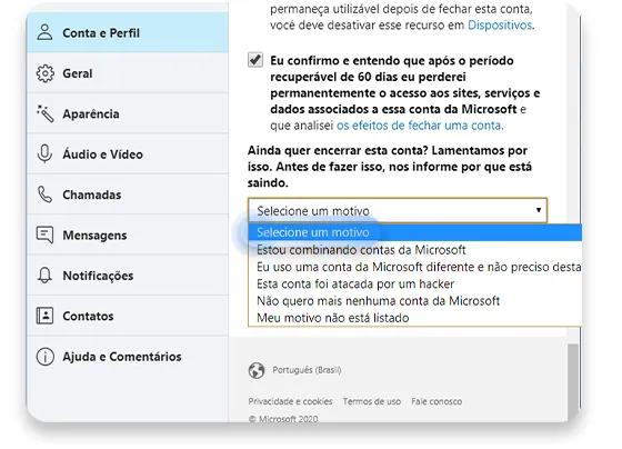 excluir conta skype:  passo nº7