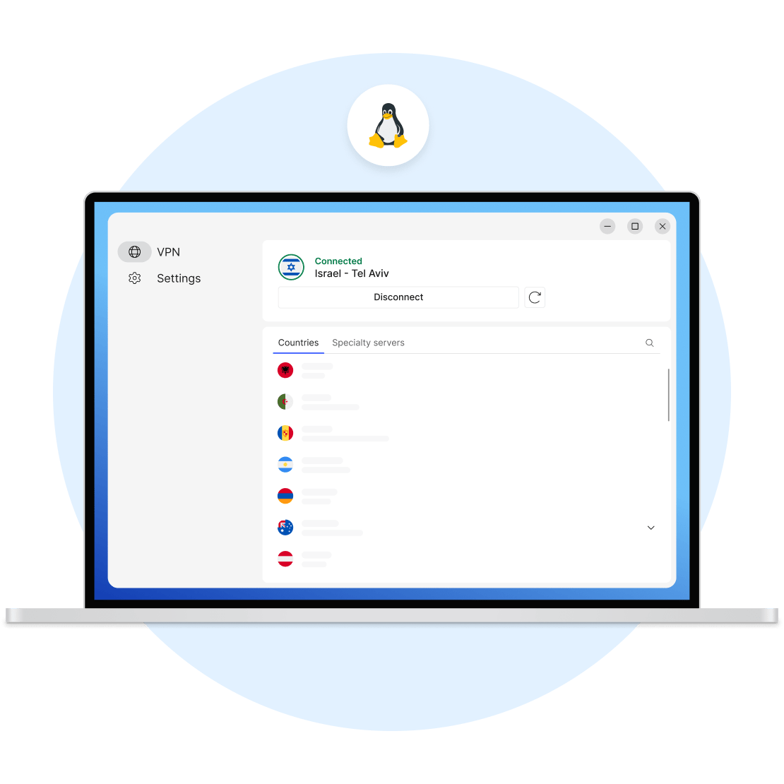 מסך של מחשב נייד שמציג את שרתי המדינות של NordVPN - אלטרנטיבה ל-VPN חינמי עבור Linux.