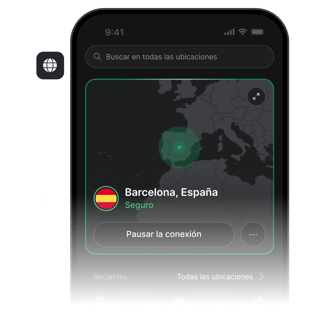 La pantalla de un smartphone con la app de NordVPN abierta, conectada a un servidor VPN en EE. UU.