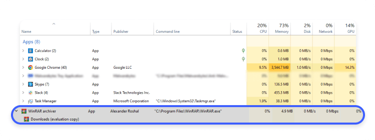 checking if winrar is virus: step 2 - check how much resources winrar uses