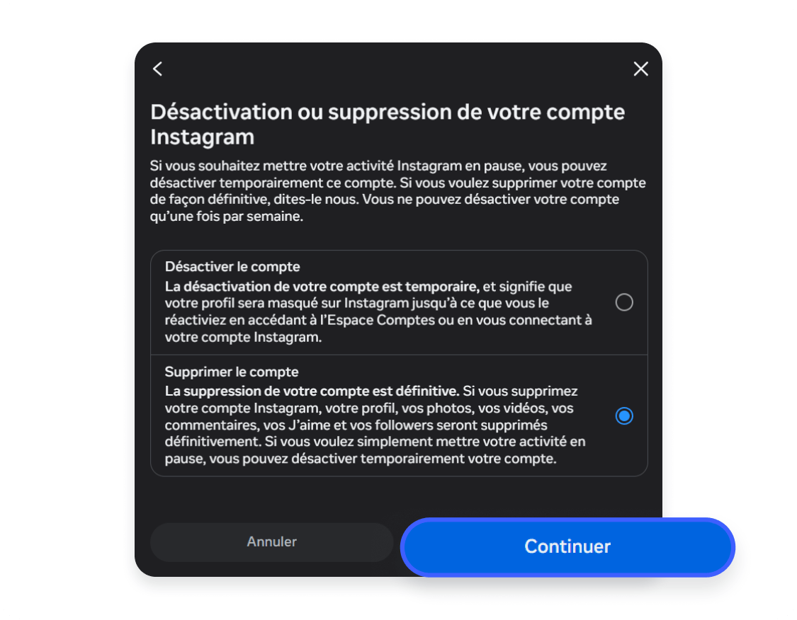 Suppression d&#39;un compte Instagram sur mobile : sélectionner Supprimer le compte