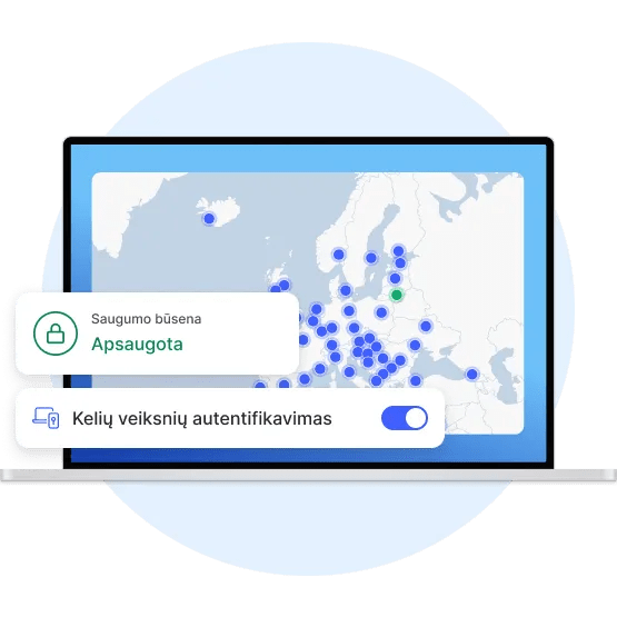 Nešiojamojo kompiuterio ekranas, kuriame matyti, kad naudotojas apsaugojo savo ryšį prisijungdamas prie VPN serverio.
