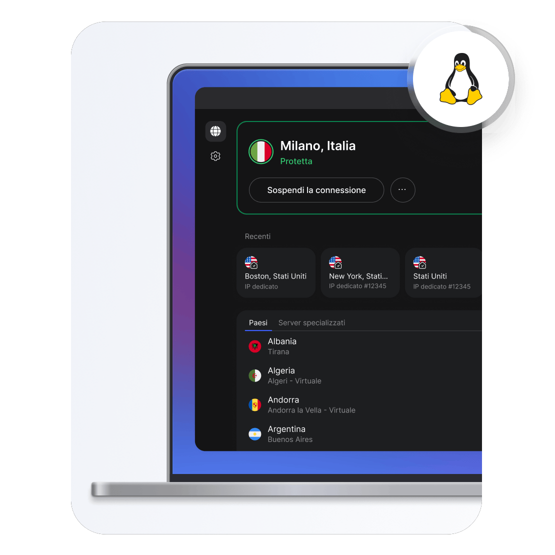 Una barra di ricerca nell'app NordVPN con un elenco di server VPN per Linux in diversi Paesi.