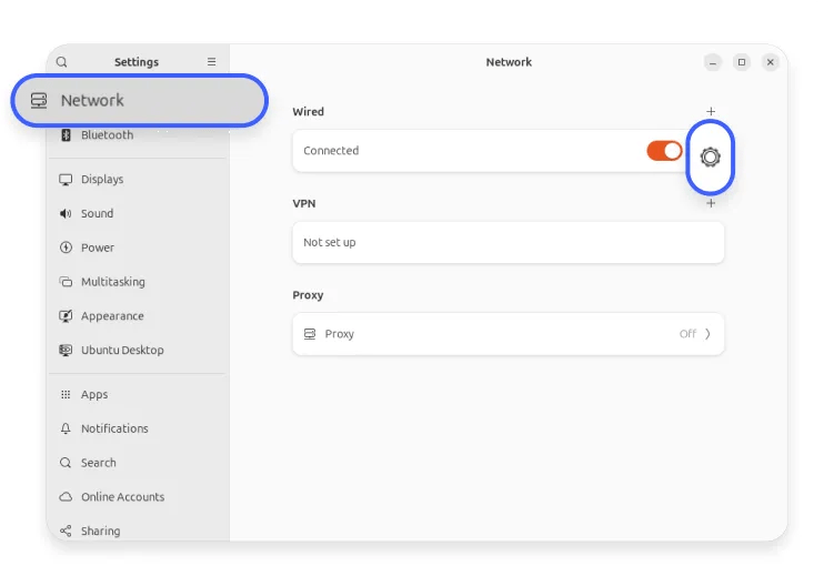 The "Settings" window open on the “Network” tab with a list of network connections and a “Gear” icon highlighted.