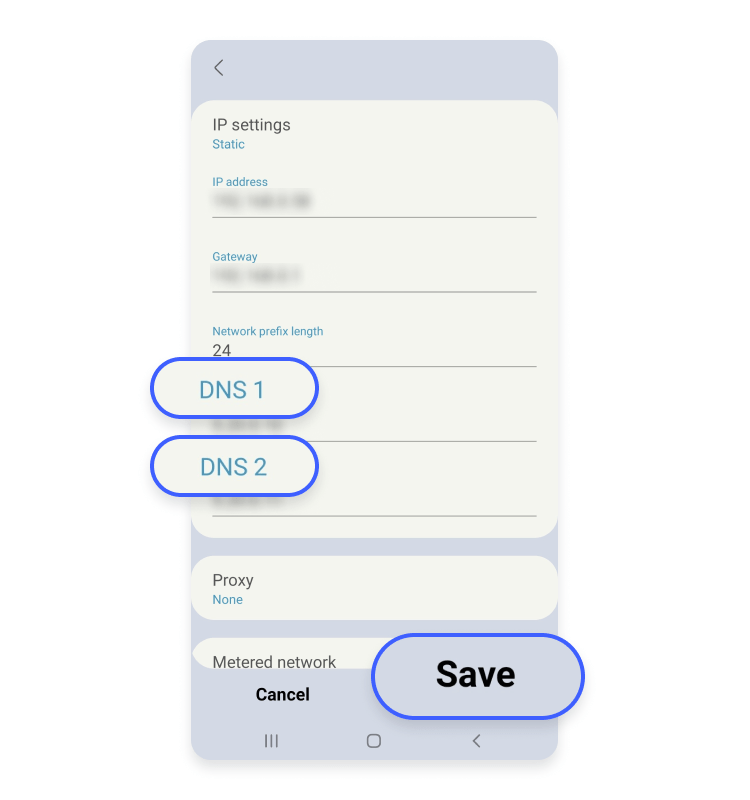 Android DNS1 DNS2 save
