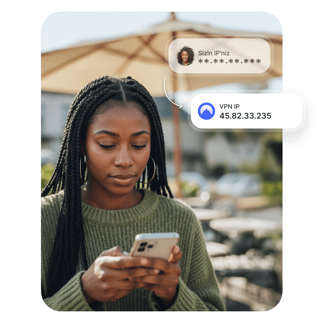 Telefonunda gerçek IP adresini NordVPN sunucusunun IP adresiyle değiştiren bir kadın.