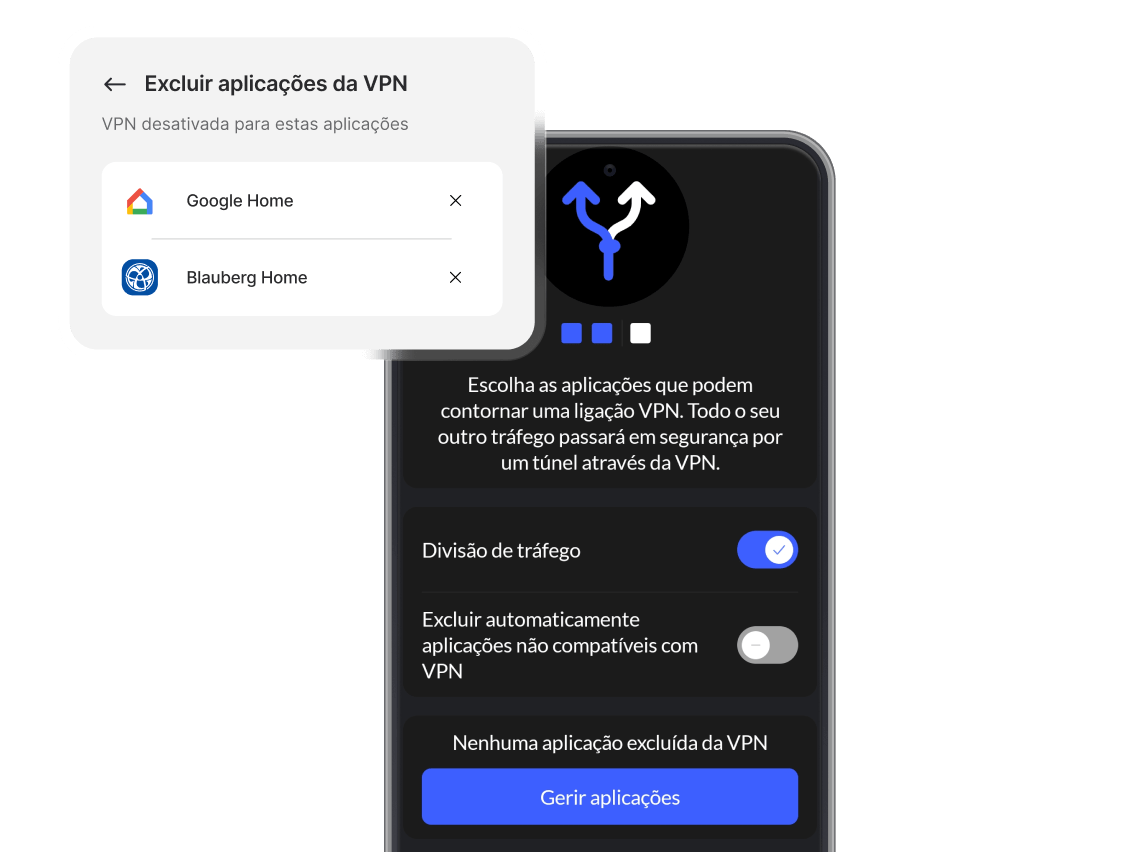 Smartphone com a aplicação NordVPN, com o botão de split tunneling ativado.