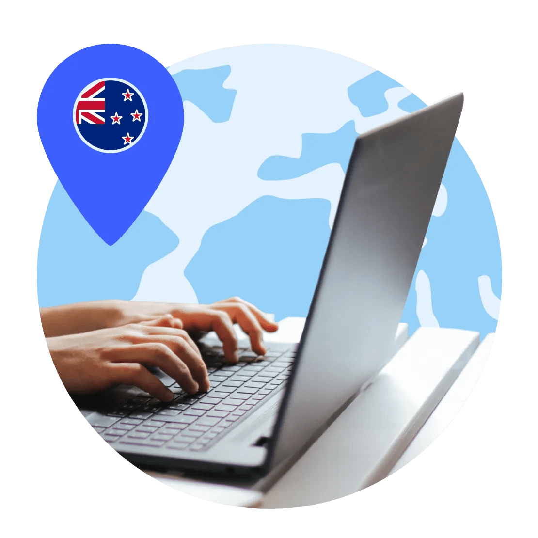 Hands typing on a laptop in New Zealand